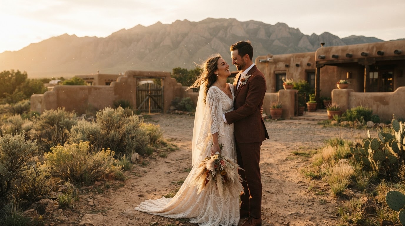 New Mexico wedding at golden hour — couple embracing in the high desert with adobe and mountains in the background
