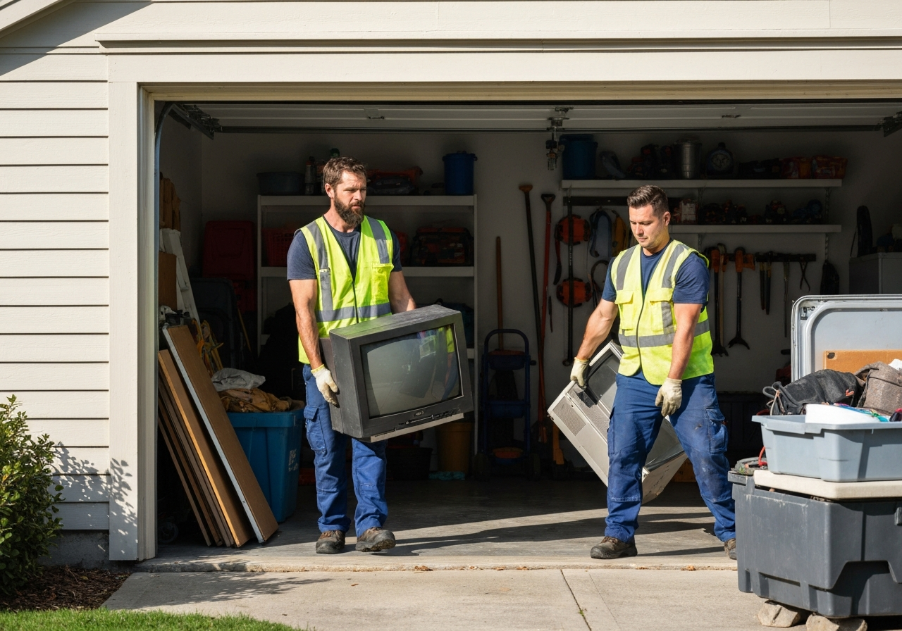 Two professional junk removal workers hauling household furniture and clutter from a residential garage in Aurora, Colorado