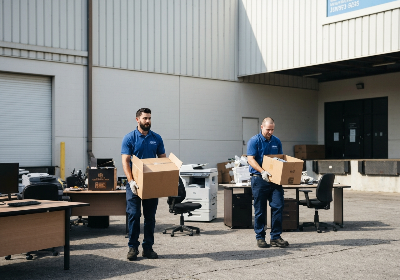 Commercial junk removal crew clearing out office furniture and debris from a warehouse in the Denver Metro area