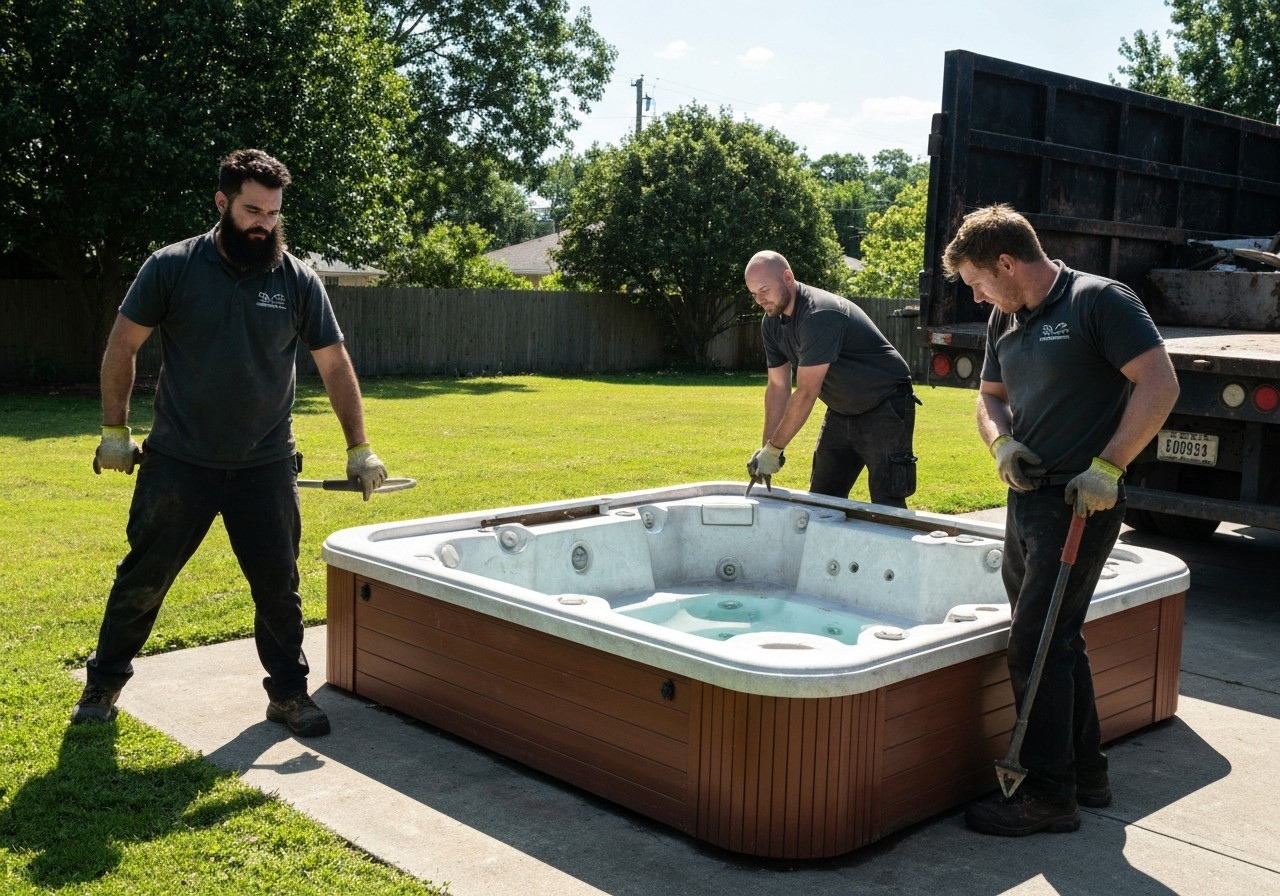 Three junk removal specialists safely dismantling and removing an old hot tub from a concrete slab in a backyard