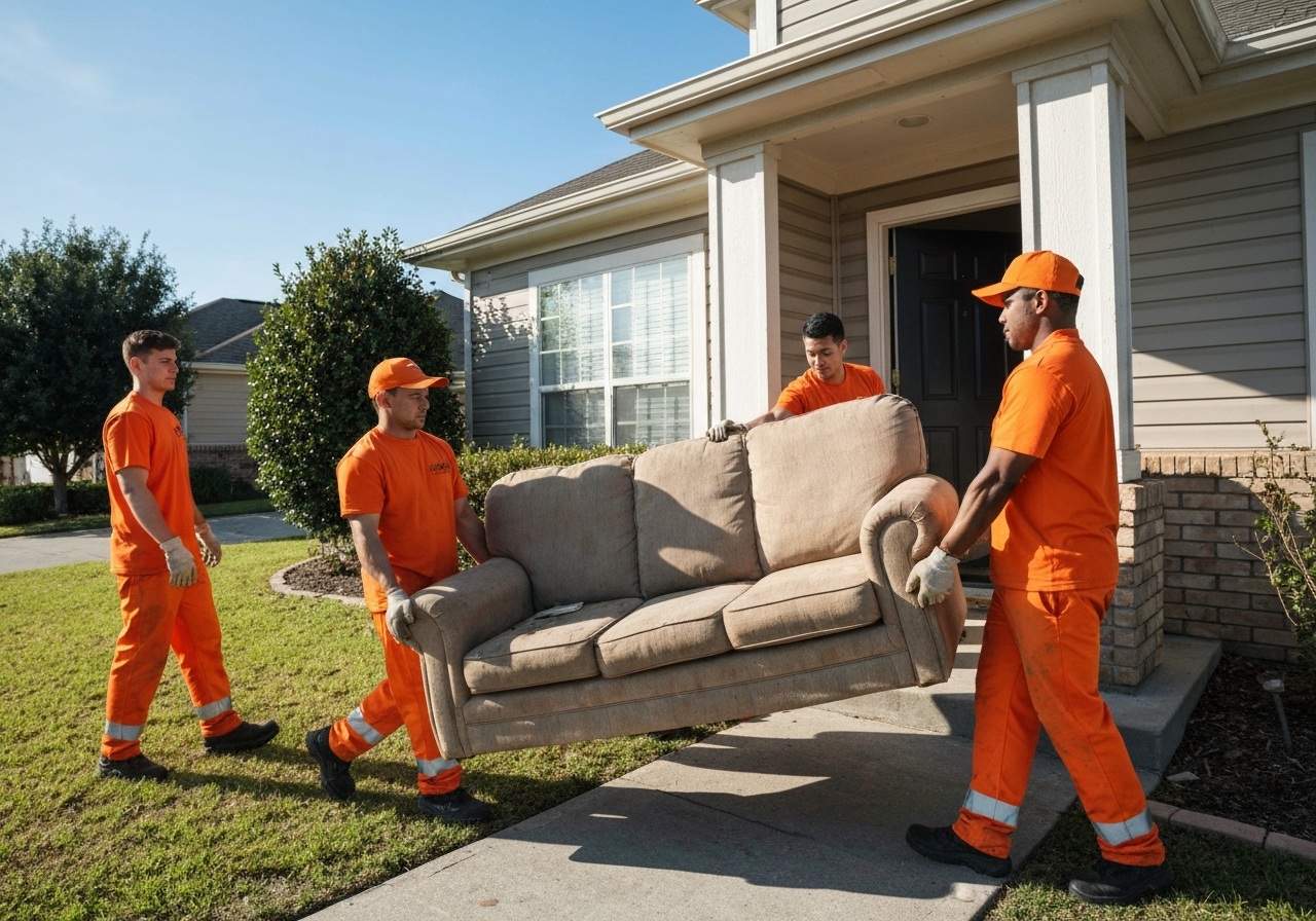 Professional Aurora Junk Removal team safely carrying a heavy couch out of a residential home during a property cleanout in Aurora, CO