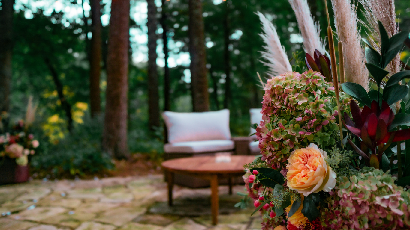 Outdoor patio with floral arrangement