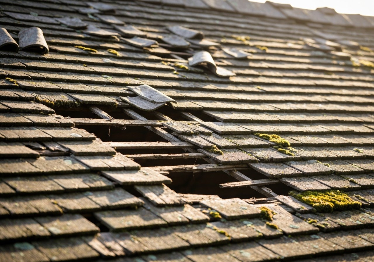 Old damaged roof before replacement