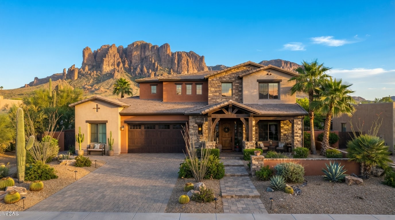 A Mesa, Arizona home with desert landscaping and mountain views