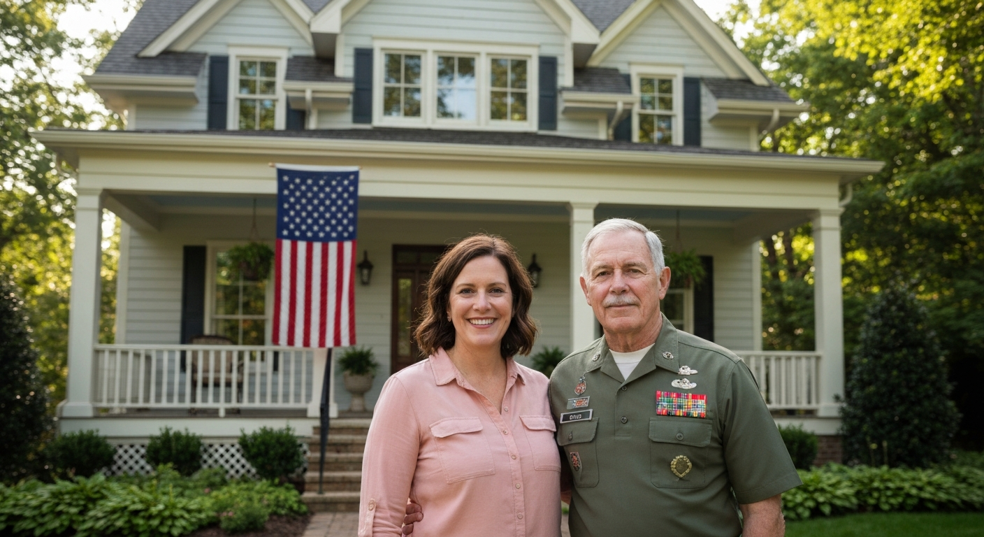 Military veteran and spouse in front of new home
