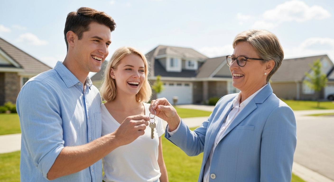 Young couple getting keys to first home