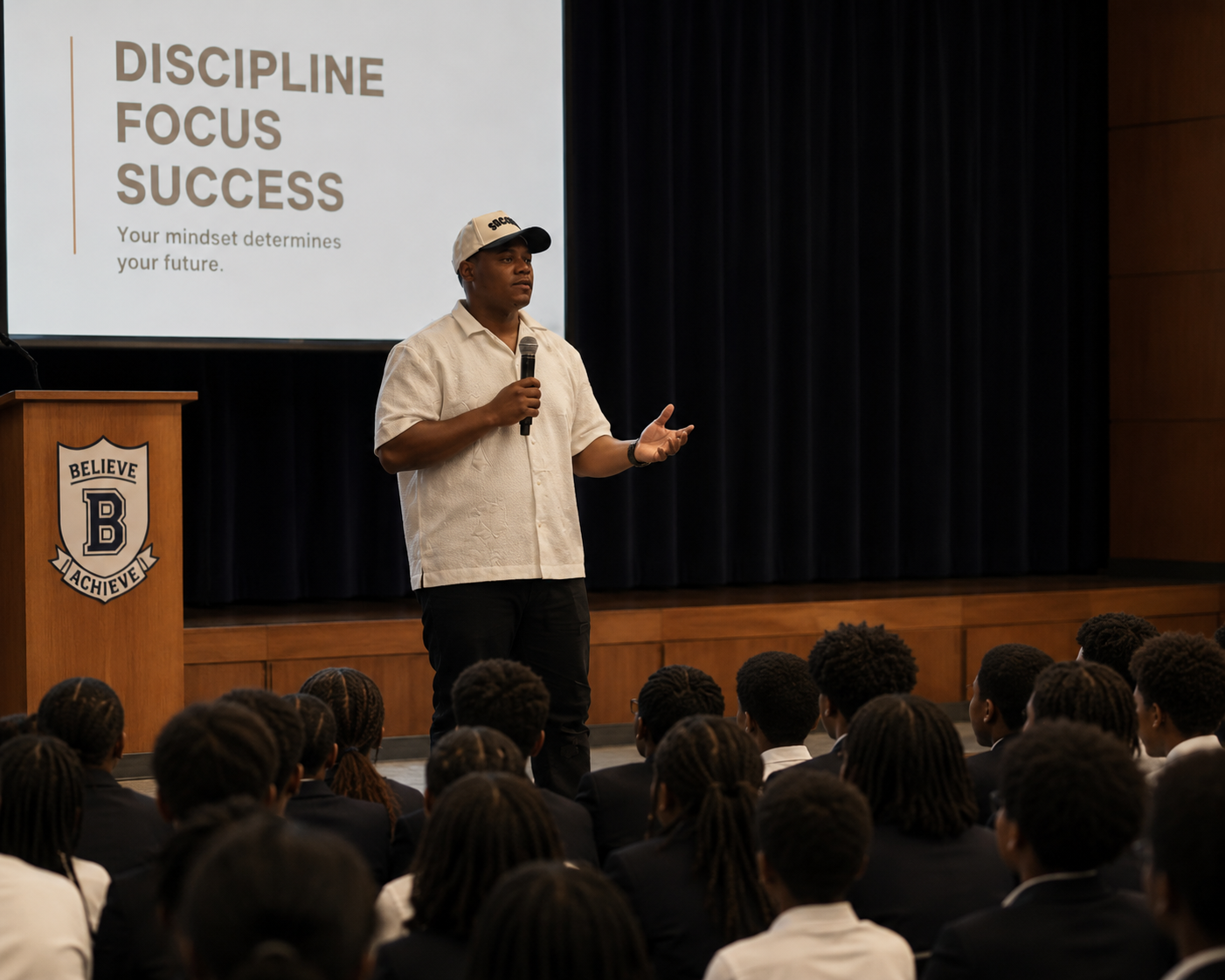Rodney Kersaint speaking to students