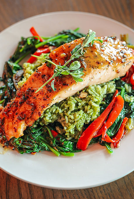Honey-glazed salmon entrée plated at Fusion at Ridgefields, Kingsport Tennessee