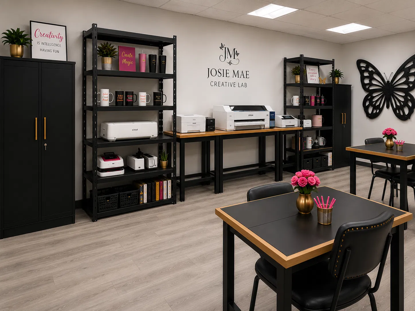 A bright, organized creative studio with workstations and crafting equipment