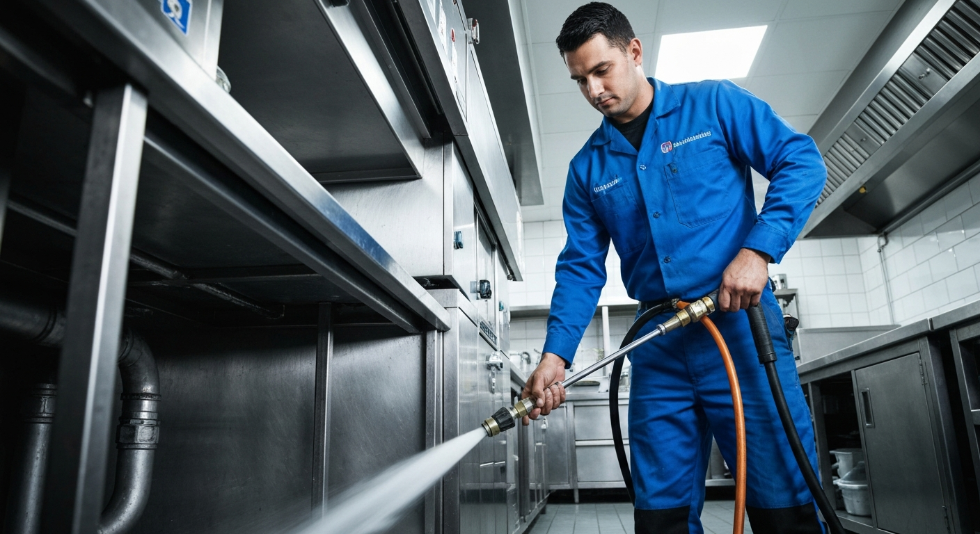 technician using high-capacity commercial hydro-jetting equipment to clear a restaurant kitchen drain line