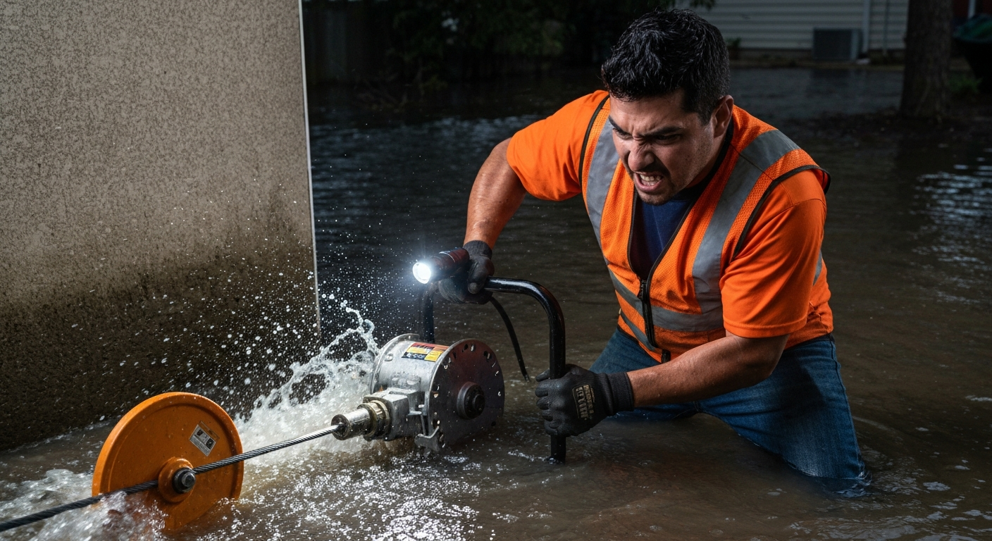 technician clearing a residential main sewer line backup with a cable machine during an emergency call