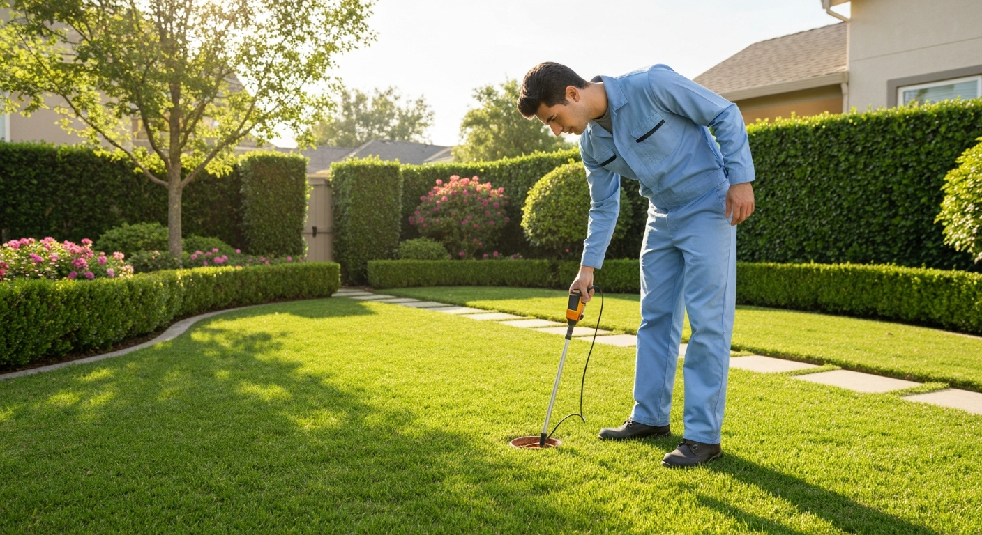 technician using an electronic sonde locating wand in a residential yard