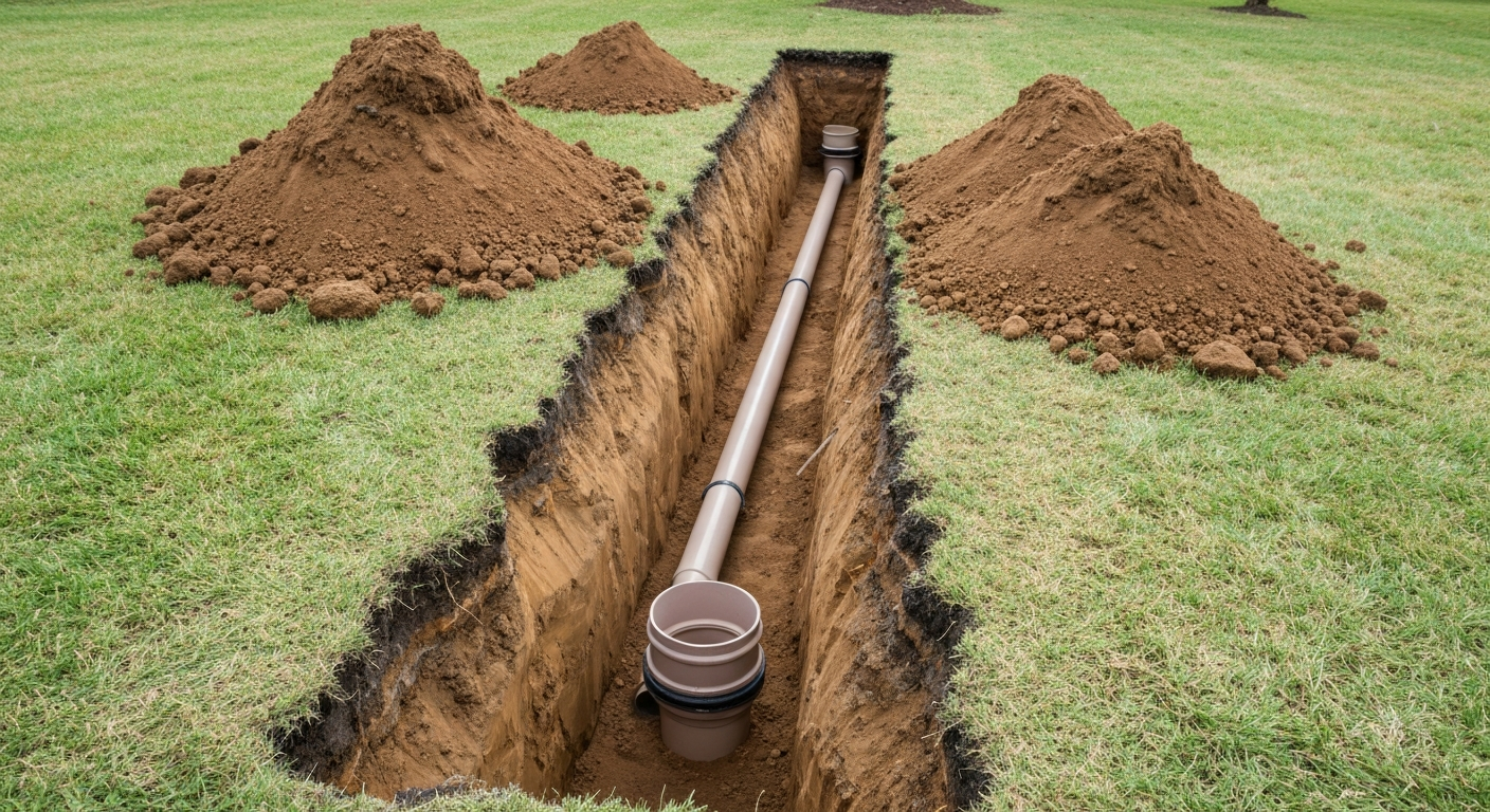 spot excavation in a residential yard for sewer line repair showing new PVC pipe