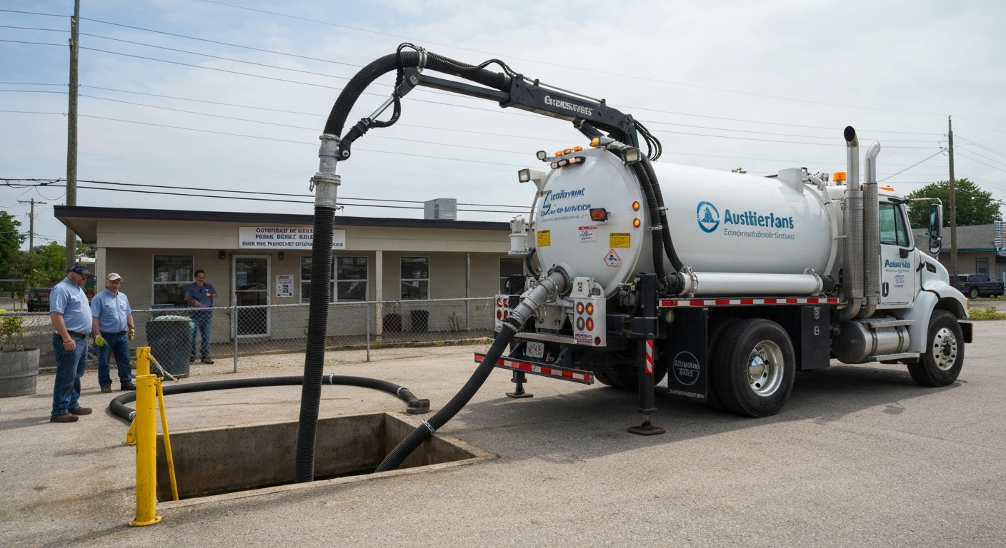 high-capacity vacuum pump-out truck servicing a large commercial cesspool system at a small business property