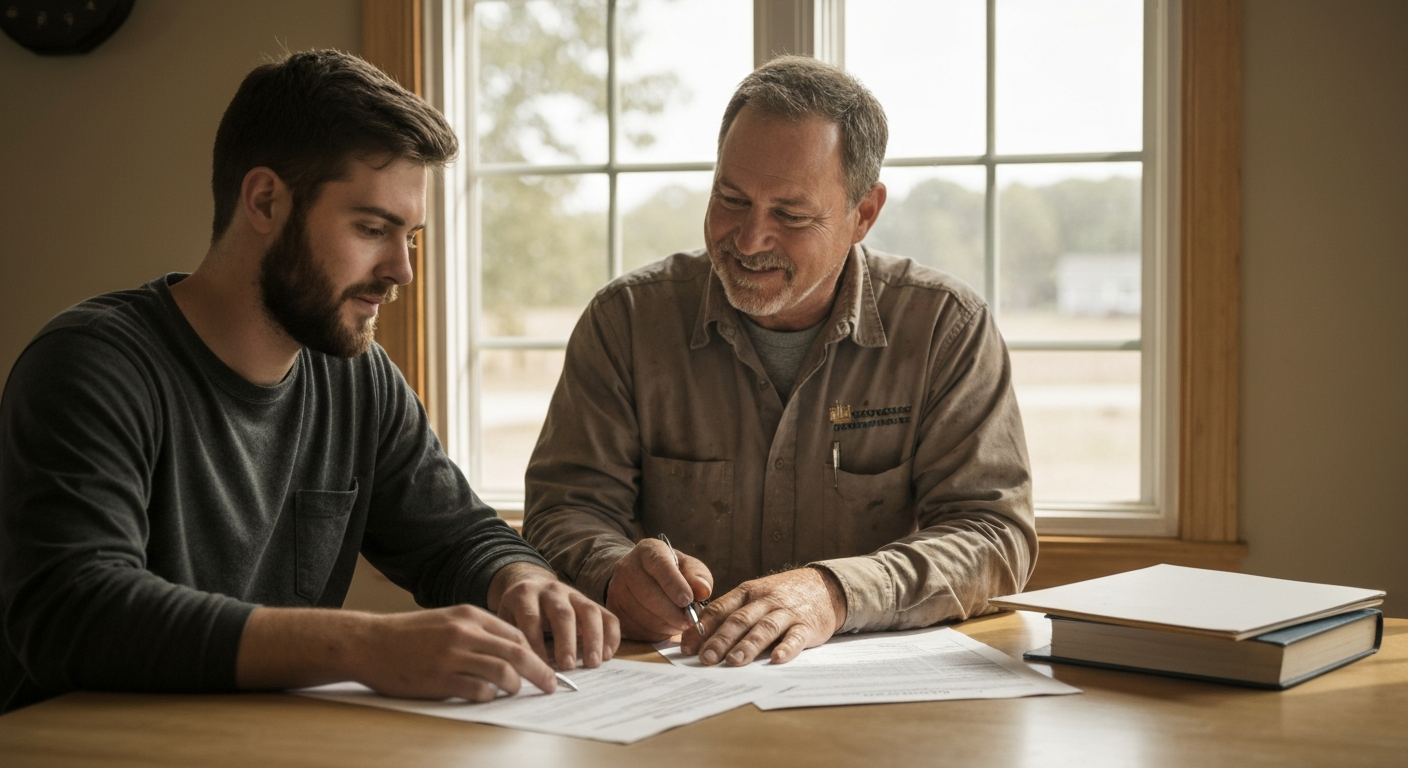 homeowner and contractor reviewing septic improvement program grant paperwork