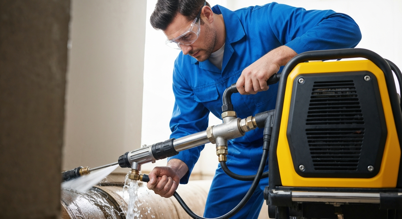 technician operating a high-pressure hydro jetting machine to clean a sewer pipe