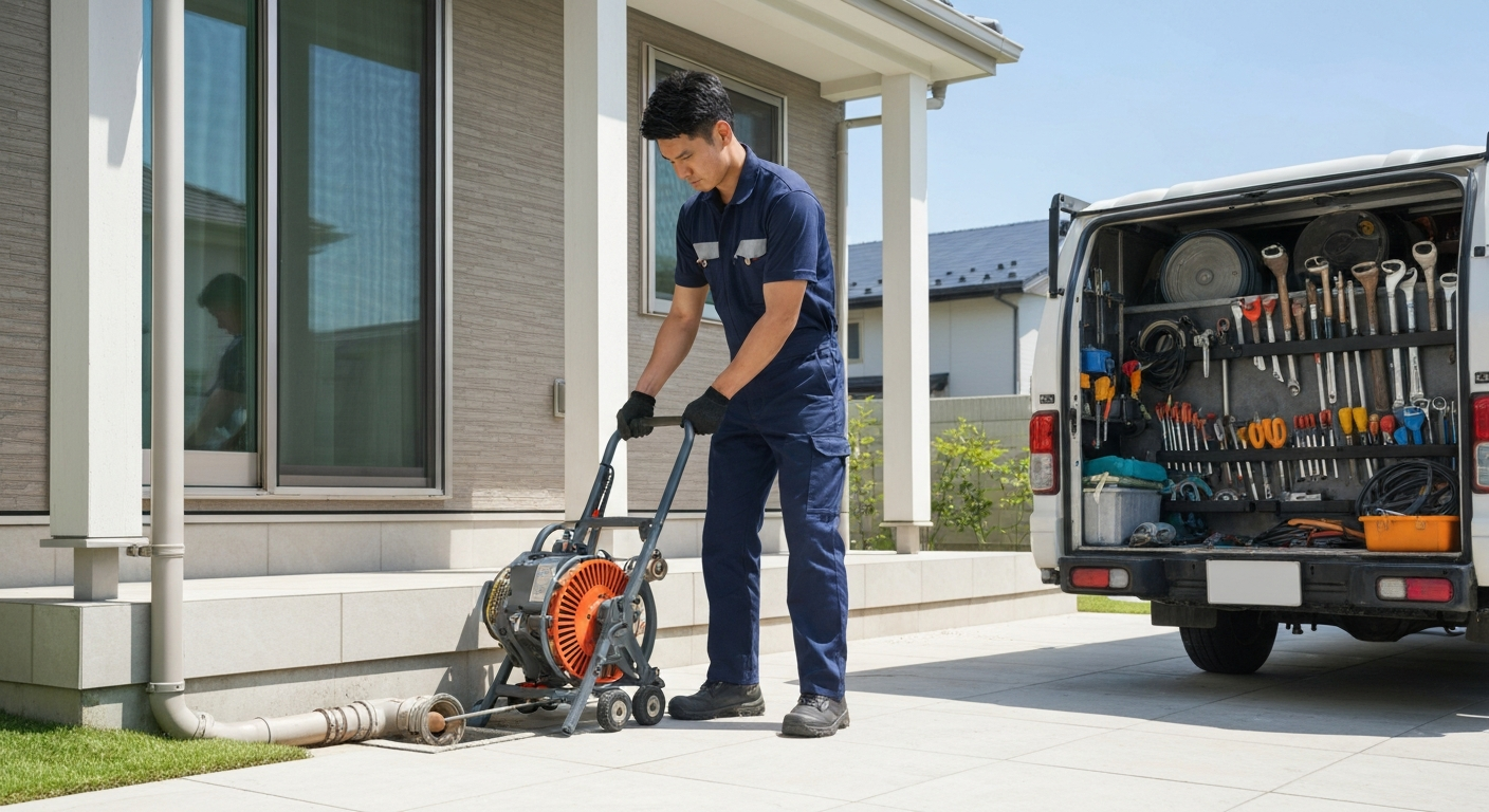 technician using a drain cable machine on a residential sewer line