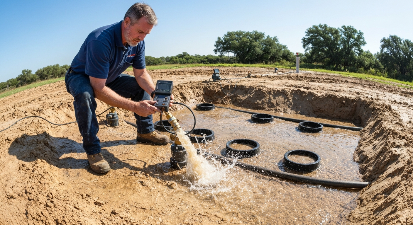 inspector performing a hydraulic load test on a septic system leach field