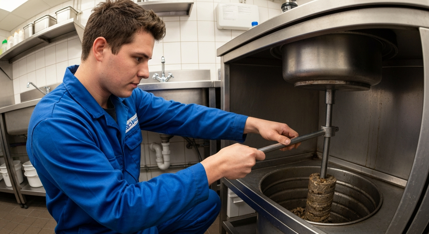 technician using a core sampler to measure grease and solids in a commercial restaurant grease interceptor