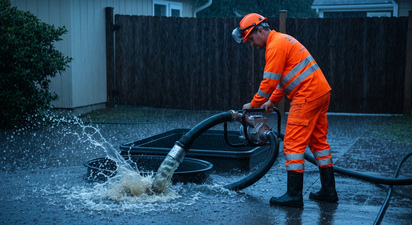 technician pumping out an overflowing residential cesspool during a heavy rain storm