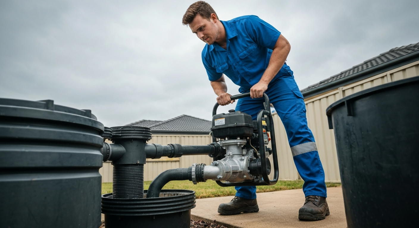 technician pumping a residential septic tank and checking the effluent filter