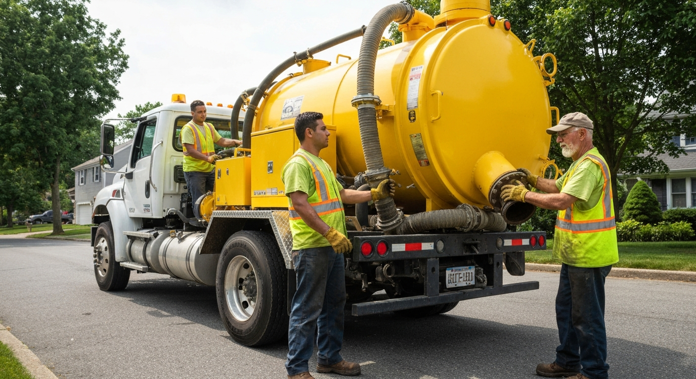 vacuum pump-out truck servicing a residential cesspool on long island