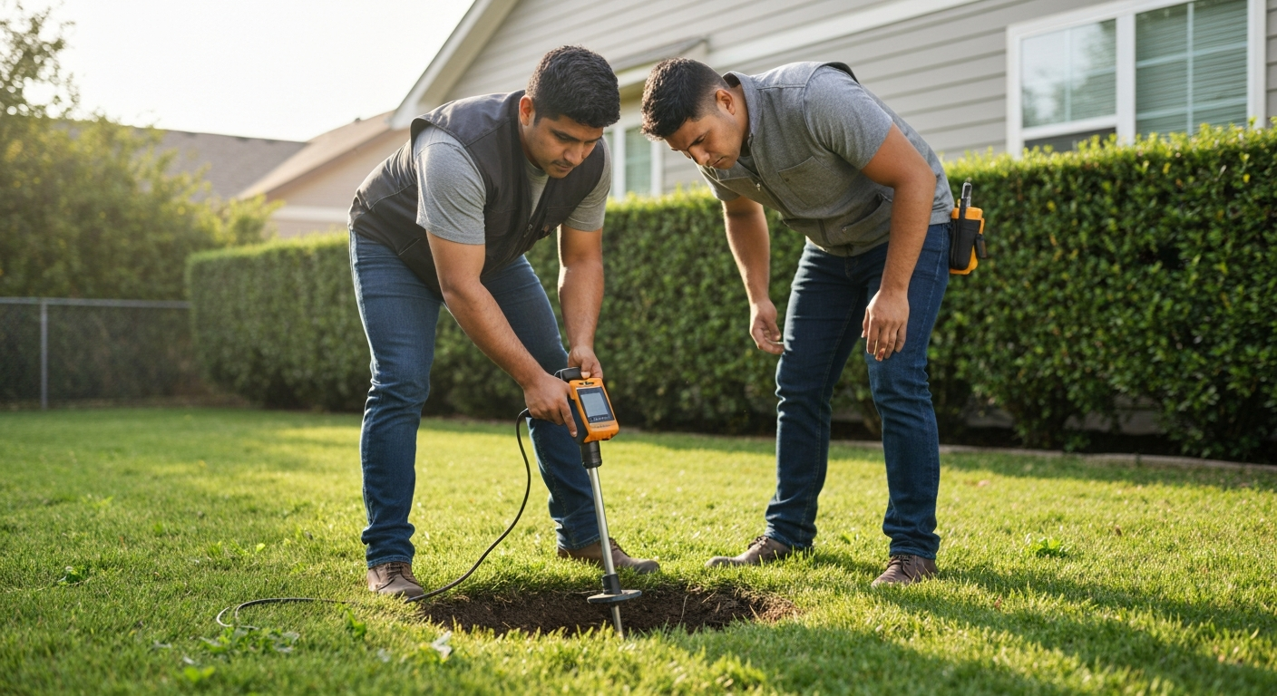 technician using electronic locator to find a buried cesspool cover