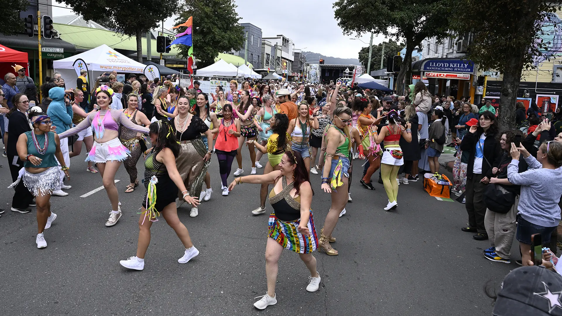 Batucada dancers performing on Riddiford Street at the Newtown Festival, Wellington