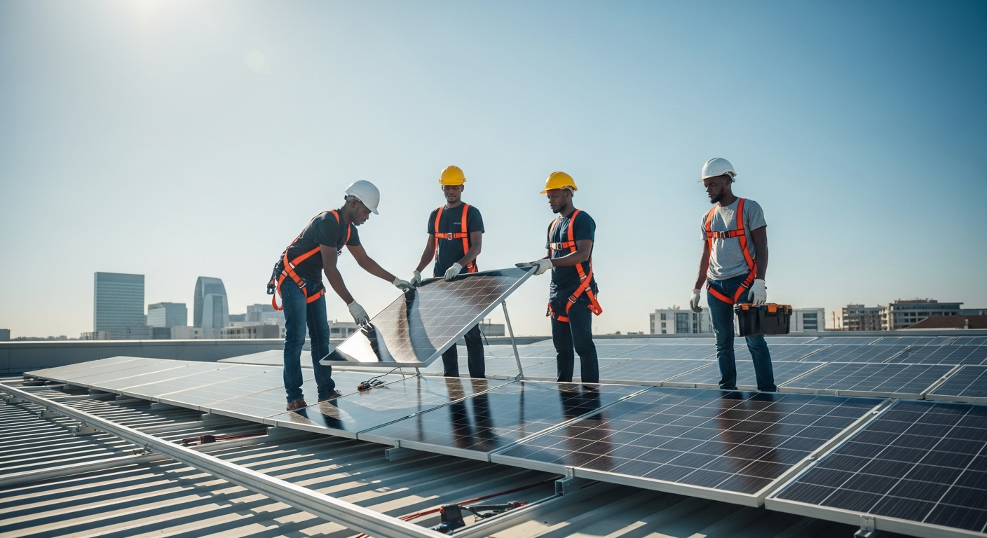 Male African Engineers Installing Solar Panels