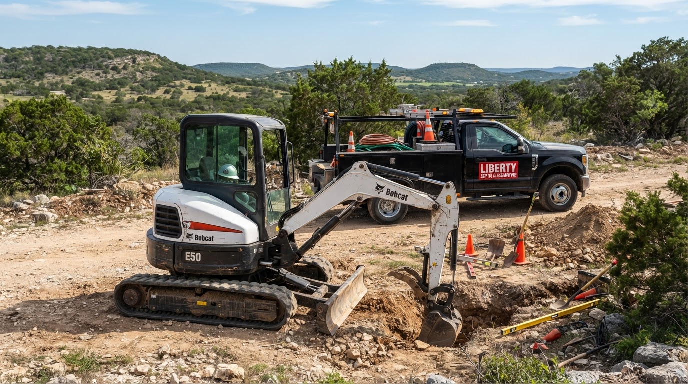 Mini excavator in foreground with black Ford F-350 work truck bearing Liberty Septic and Excavating logo in background at a rural Central Texas job site