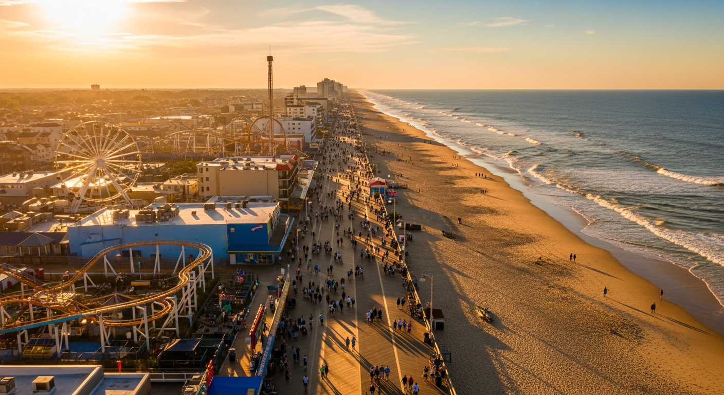 Ocean City Maryland beach boardwalk at golden hour