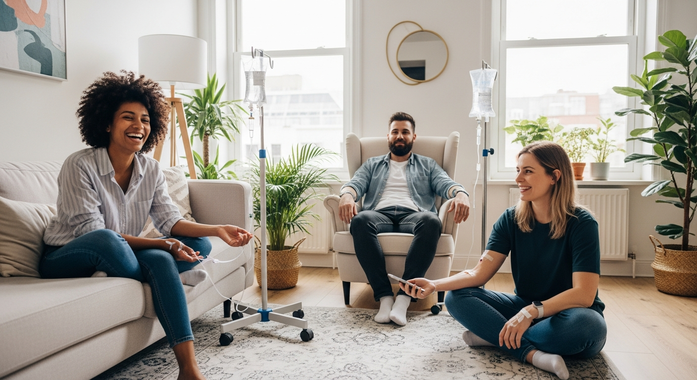 Group of happy friends receiving in-home IV therapy with gravity-fed bags in a modern living room
