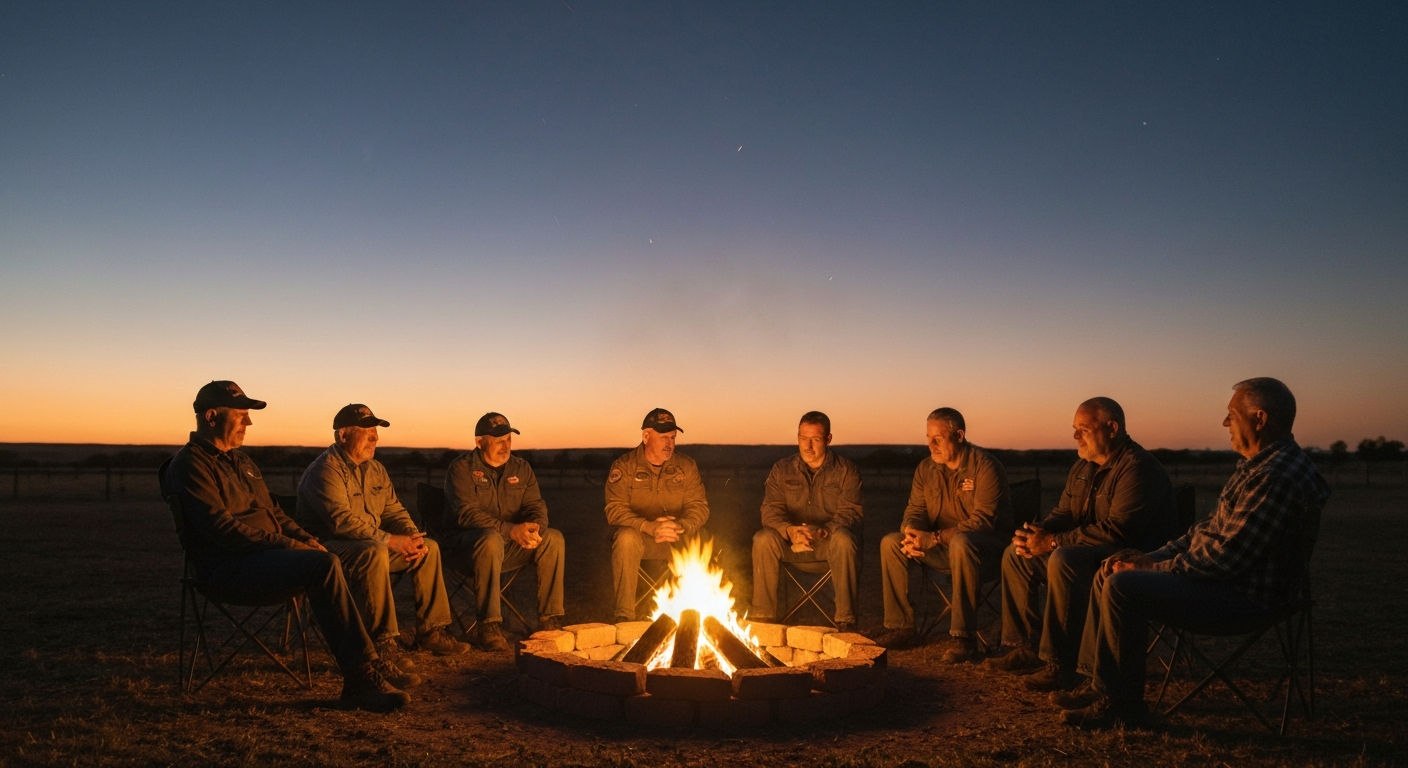 Veterans around a campfire