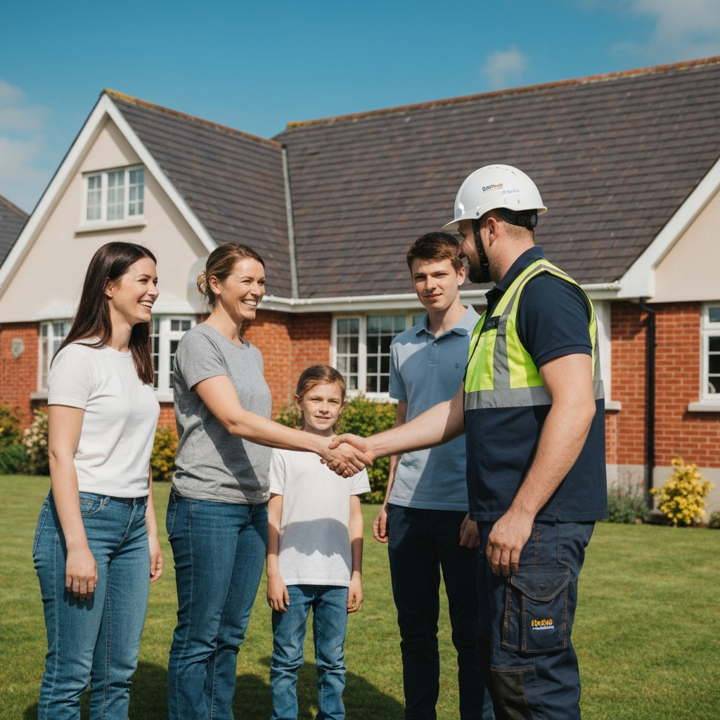 Happy family shaking hands with a roofer
