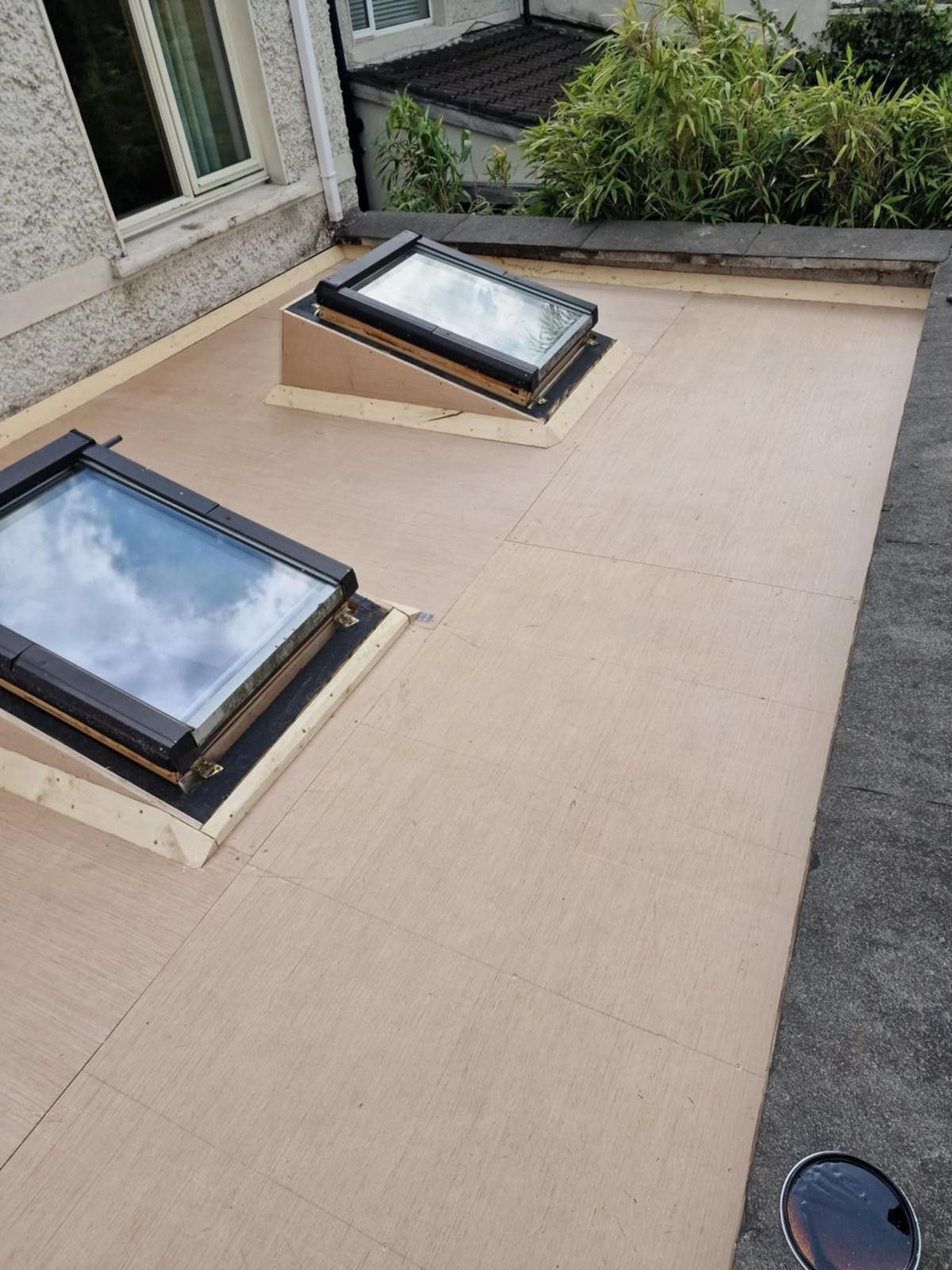 New plywood flat roof deck with roof windows on new timber upstands in Walkinstown, Dublin 12