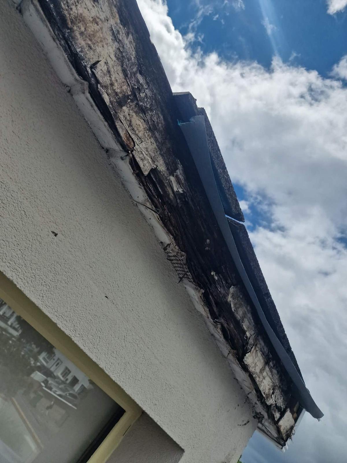 Rotten, blackened timber fascia board with old roofing felt peeling away at the eaves of a house in Tallaght
