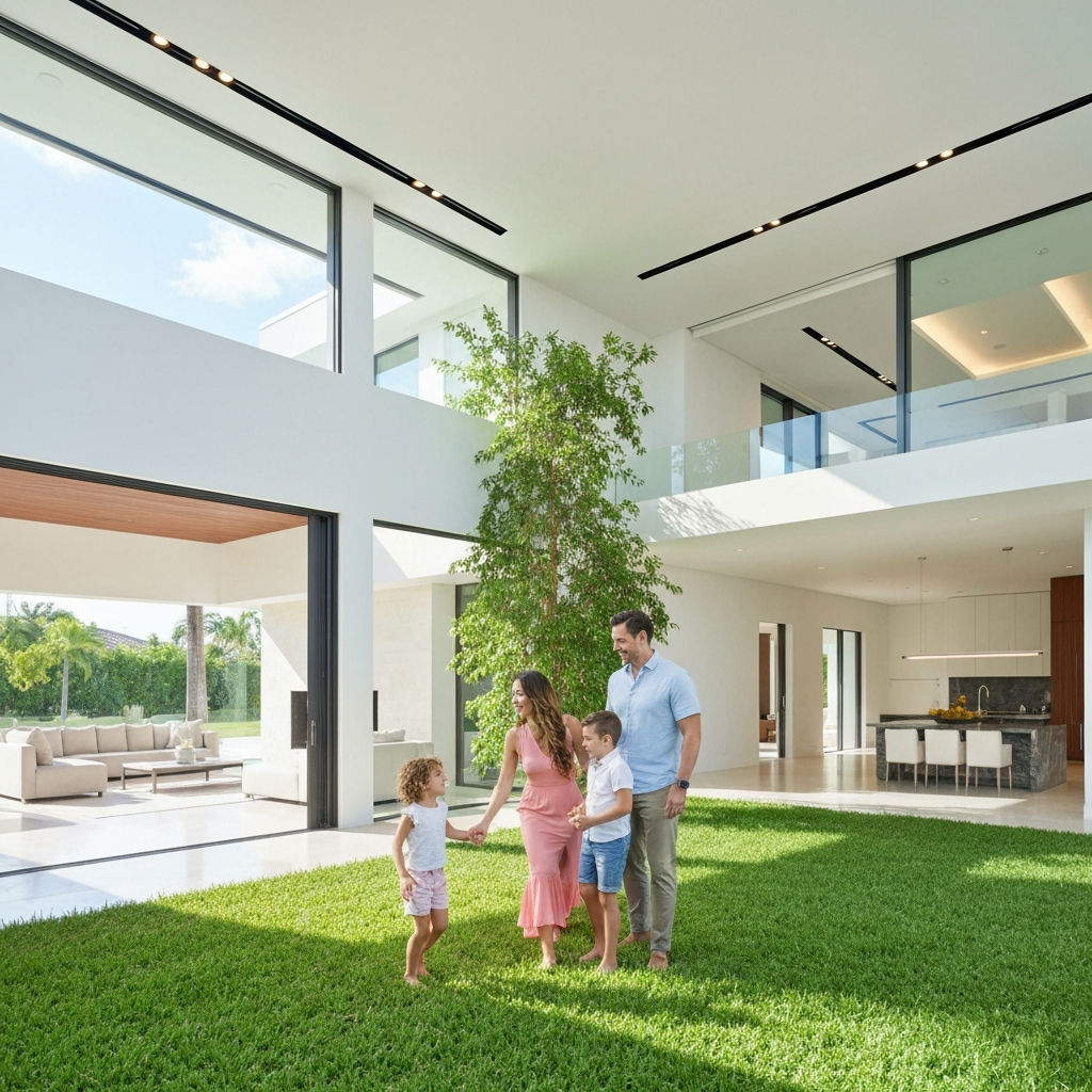 Family enjoying spacious backyard