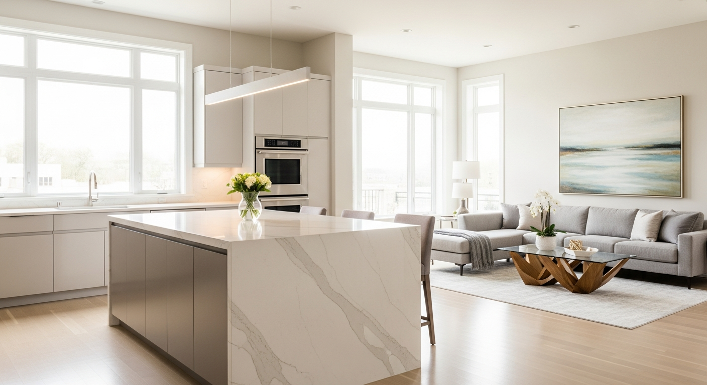 Spotless luxury kitchen and living room