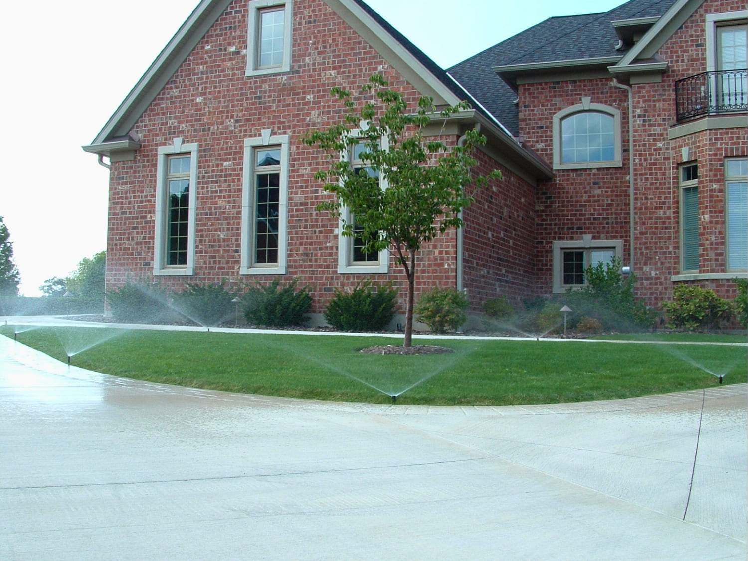 Bergman Nurseries irrigation system running at a residential brick home