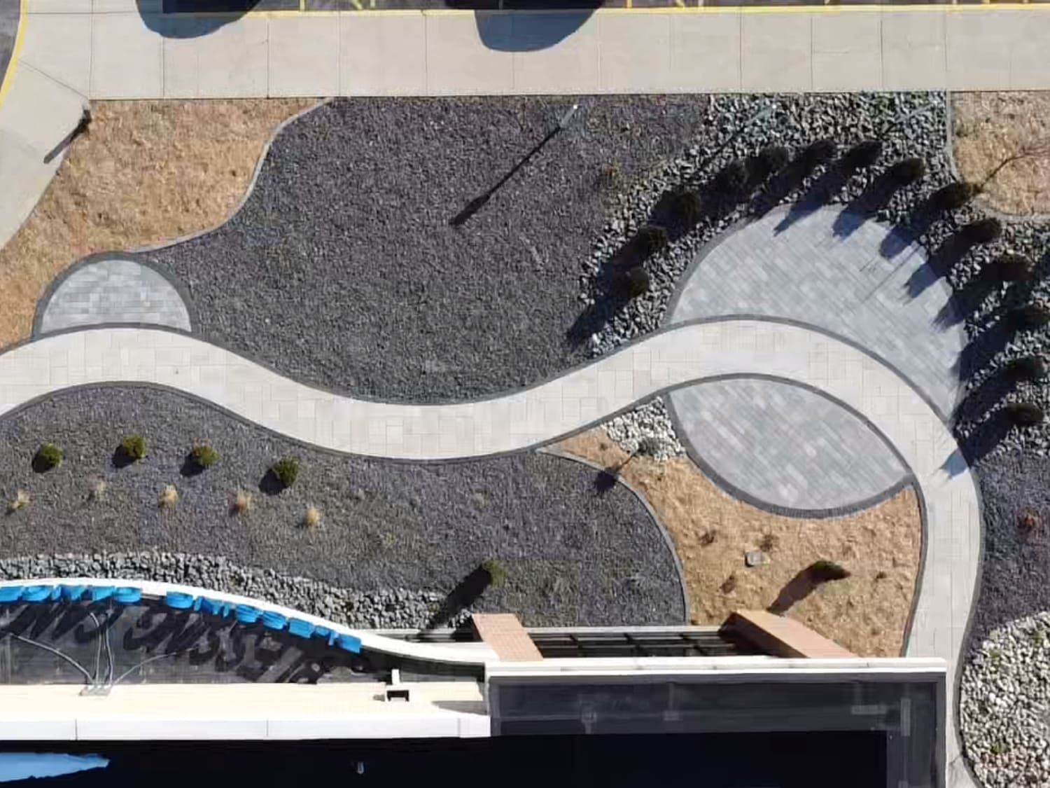 Aerial view of Bergman Nurseries hardscape and paver walkway installation