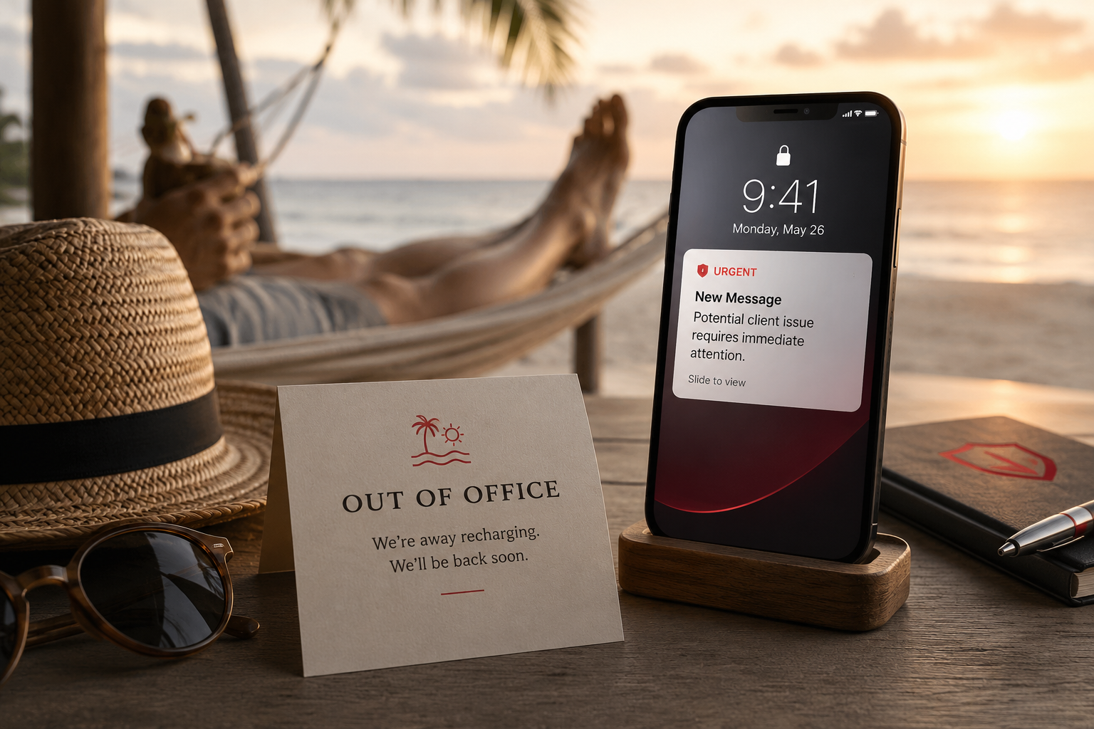 An out of office or vacation cue paired with a work phone showing an urgent message