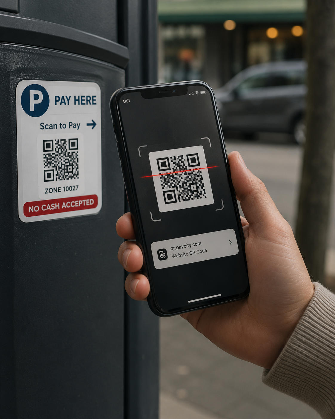 A phone scanning a QR code in an everyday setting like a sticker on a parking meter or table, with a subtle red cue