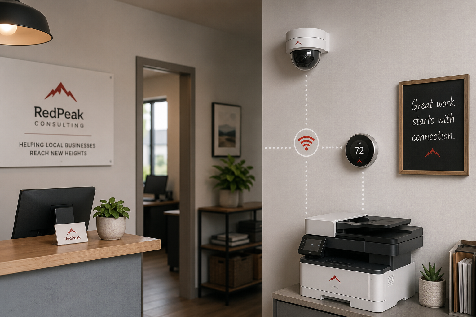 A small business setting showing everyday connected devices, a wall-mounted security camera, an office printer, a smart thermostat