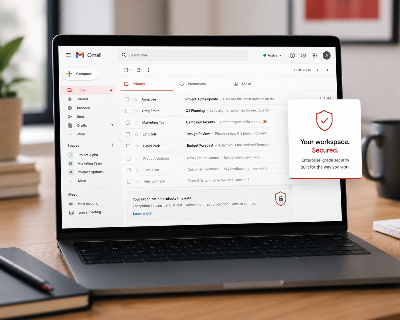 A laptop showing a familiar email or workspace interface with a subtle lock or shield cue