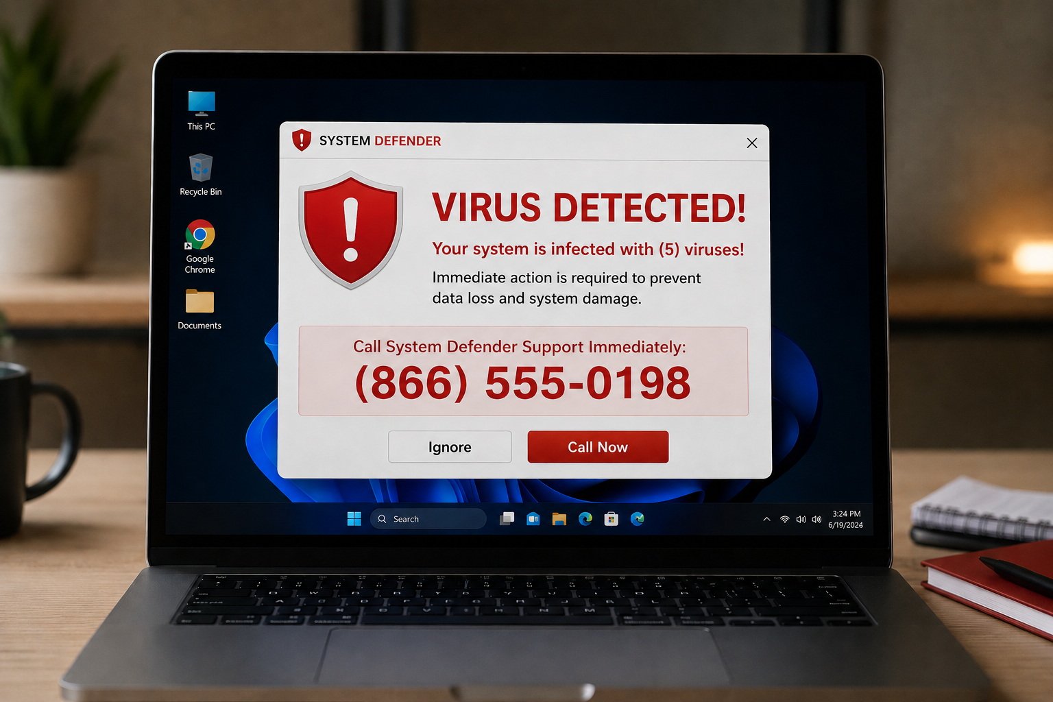 A laptop showing a fake-looking alarming virus detected pop-up with a phone number