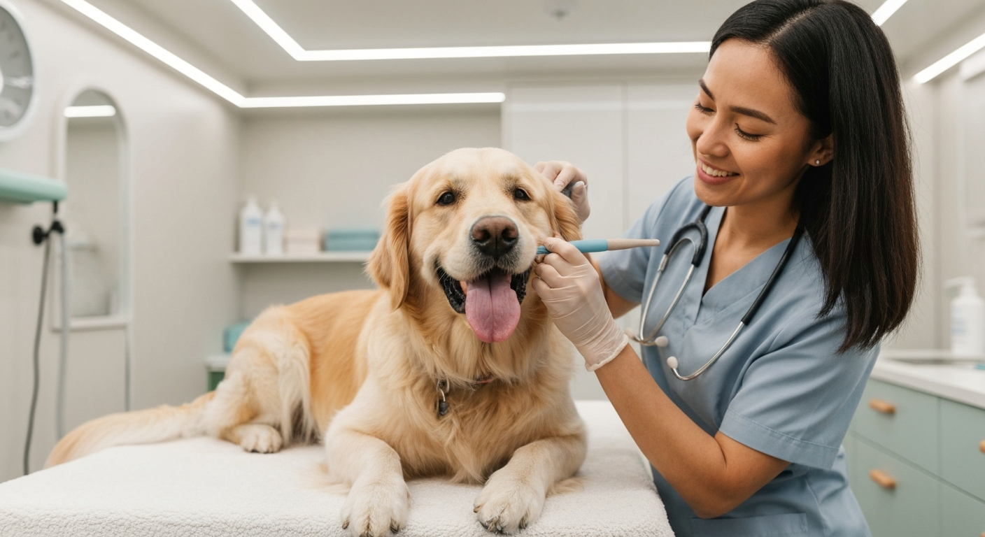 Calm dog receiving dental care