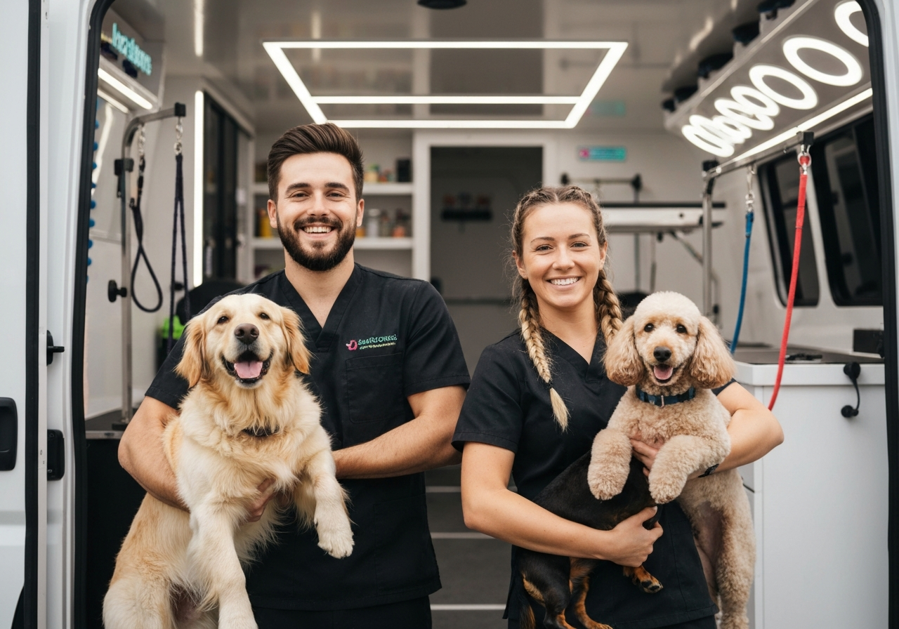 Coco's grooming team with a dog and the mobile van