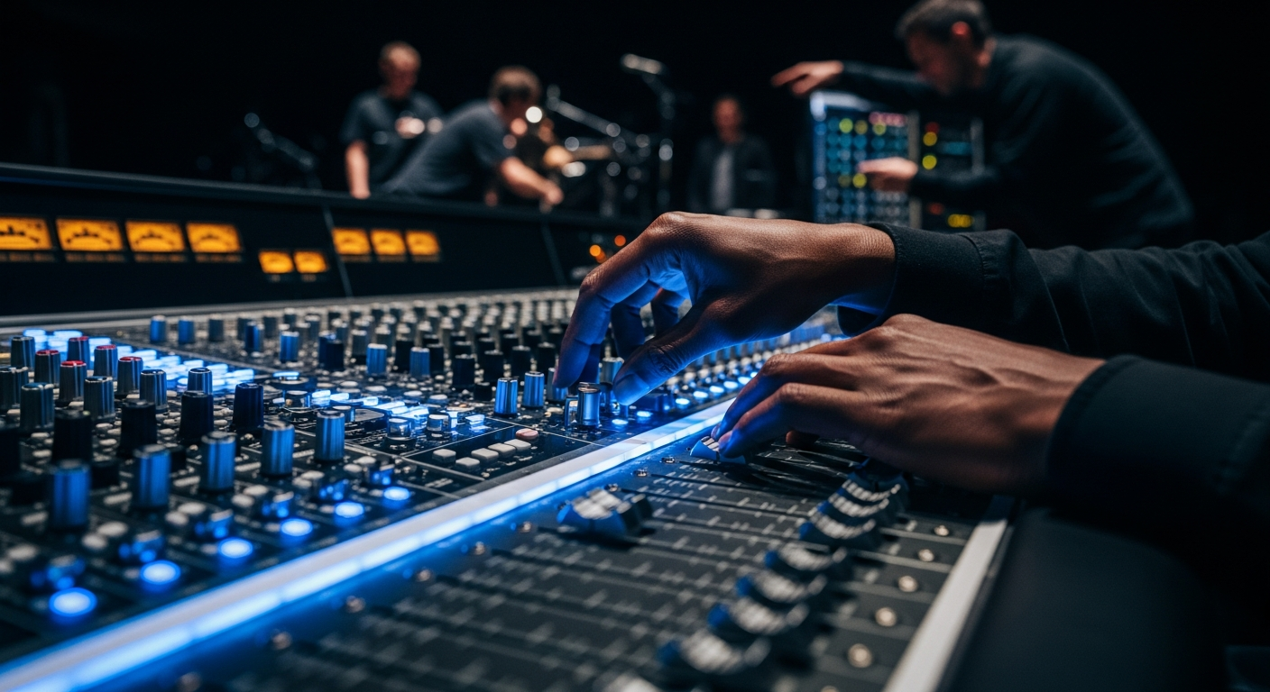 Veteran production engineers at work on a professional mixing console at Stage Audio Productions