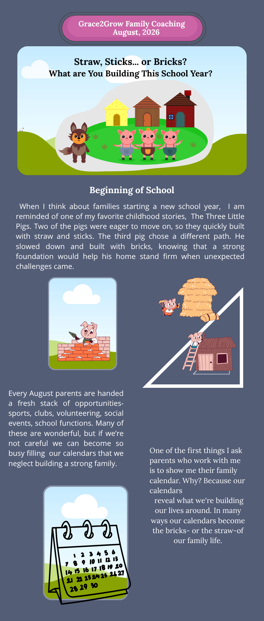 Grace2Grow Family Coaching newsletter sample, page 1 - Straw, Sticks, or Bricks