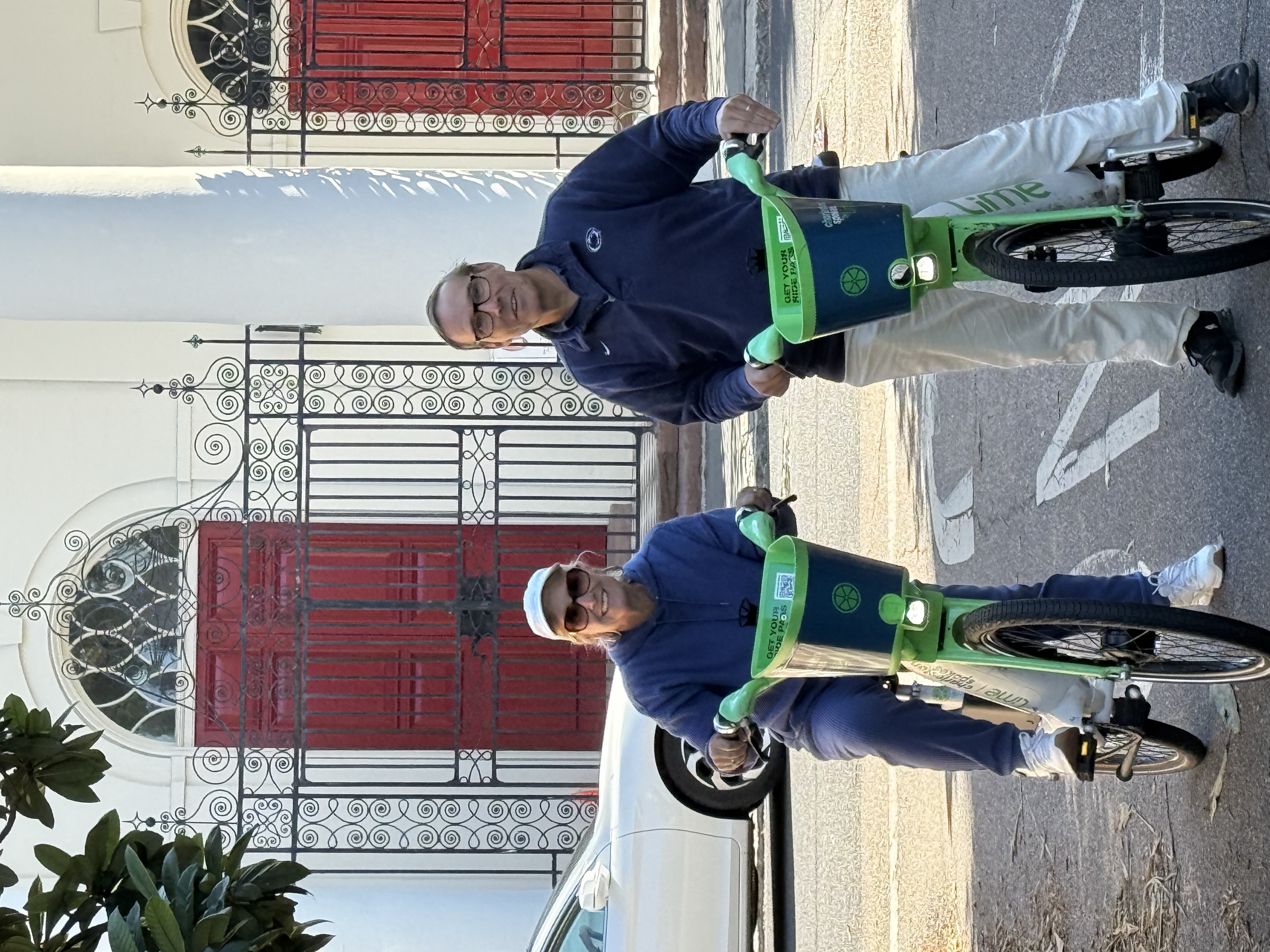 Couple riding bikes together.